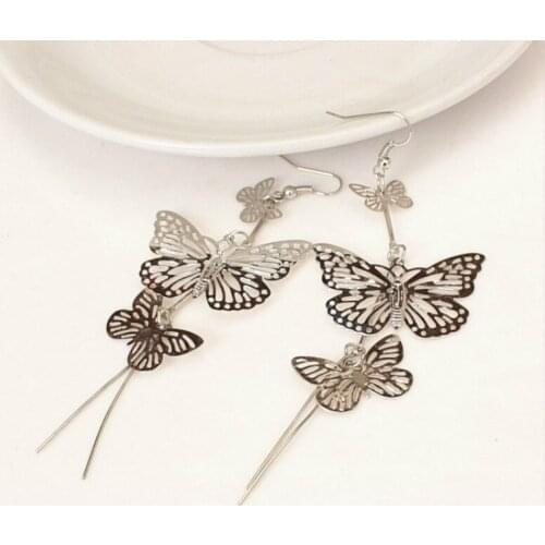 New Fashion Plating Alloy Double Bow Butterfly Drop Earrings Jewelry Hollow Flower Long Tassels Earring