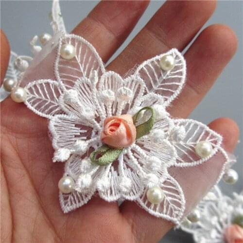 10x 6.7x6.5cm White 3D Polyester Pearl Flower Embroidered Lace Trim Ribbon Sewing Supplies Craft For Apparel Decoration