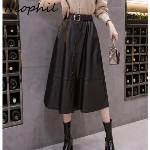 Neophil Women Pu Faux Leather A-line Midi Skirts 2020 Winter Preppy Style Button Sashes Khaki Ladies Flare Skater Skirt S9106