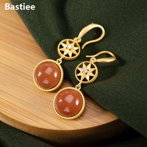 Bastiee 925 Sterling Silver Drop Earrings For Women Dangle Jewelry Gold Plated Red Agate Zircon Round Earings