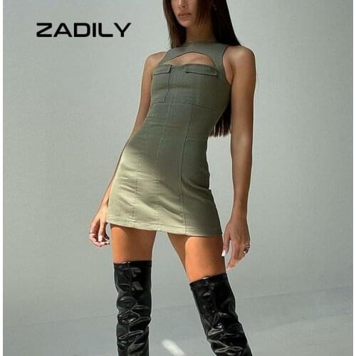 Zadily Sleeveless Pockey Mini Dress For Women Sexy Hollow Out Hight Wasit Bodycon Dresses 2021 Summer Party Club Female Clothing