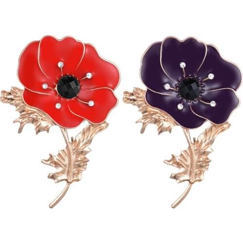 Red Purple Flower Large Brooch Pin Women Crystal Gold Tone Party Jewelry Gifts Enamel Remembrance Brooch