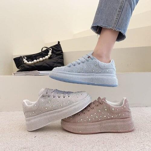 European Station Full Diamond White Shoes Womens 2021 New Platform Platform Increased Rhinestone Lace up Casual Shoes Pumps