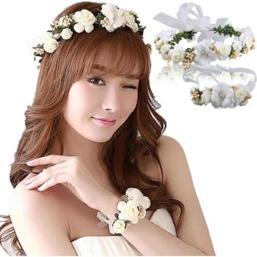 Fast shipping bride wedding wreath head flower wrist flower corsage flower girl hair accessories Kid party Flower crown & wrist
