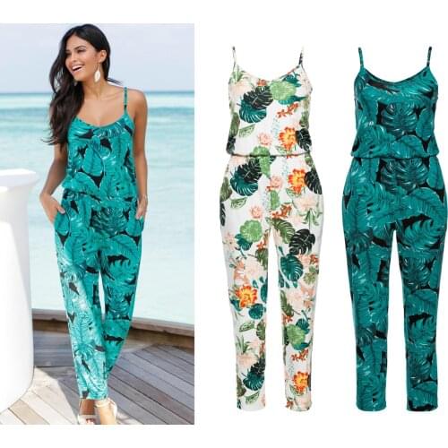 Women Jumpsuit Leaf Print Baggy Trousers Overalls Floral Print Romper Off-the-shoulder V Neck Skinny Clubwear Vacation Suit