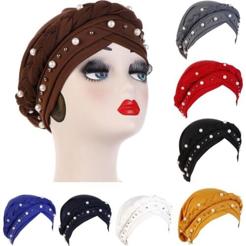 Women Head Scarf Head Wrap Muslim Soft Cancer Chemo Cap Turban Hats Beads Braid Hair Loss Beads Islamic India Cap Beanie Fashion