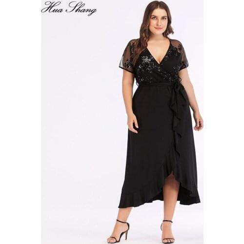 Women Summer Casual Dress Plus Size Female V Neck Short Sleeve Sequied Party Dresses Ruffles Irregular Maxi Long Dress