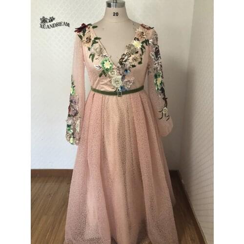 High quality 2019 plus size gown vestido sereia длинное платье v neck appliques lace flowers beads long sleeves evening dress