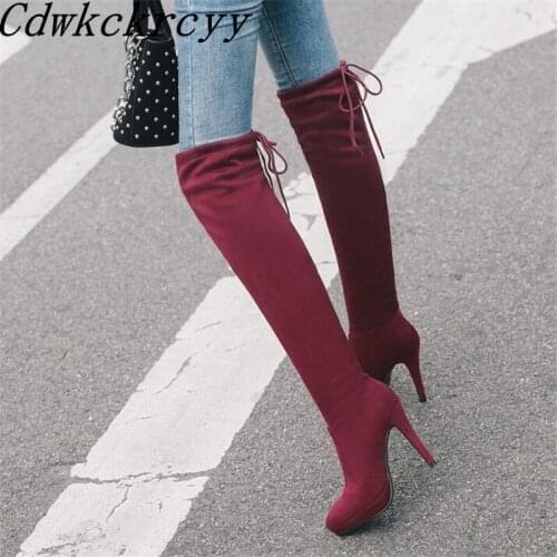 Winter New pattern fashion Cusp black sexy Over knee Thin leg Elastic force Boots Fine heel Add wool Keep warm Women Boots 34-43