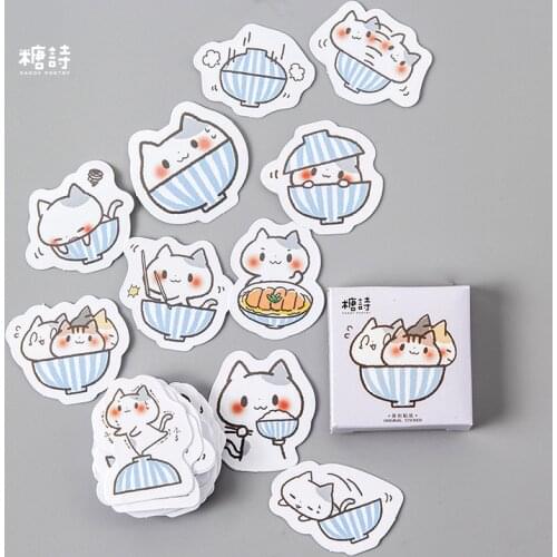 45pcs/pack Cat In Bowl Mini Adhesive Stickers Scrapbooking Diary Album Stick Label Paper Diy Decor