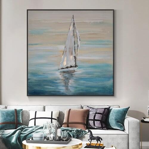 Abstract Sailboat On The Blue Sea Oil Painting 100% Hand Painted On Canvas Decorative Wall Art Pictures For Living Room Decor