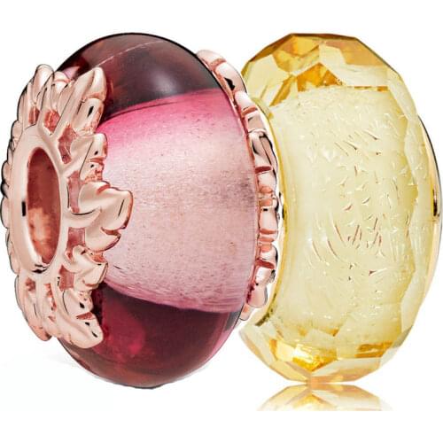 Shine Golden Faceted Rose Pink Murano Glass & Leaves Charm 925 Sterling Silver Original Bead Fit Europe Bracelet DIY Jewelry