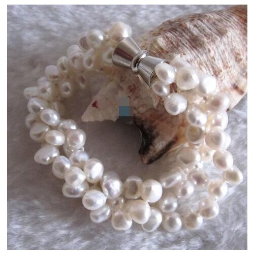8 "5 - 7mm White Baroque 3Row Freshwater Pearl Bracelet Pearl Jewelry>>> women jewerly Free shipping