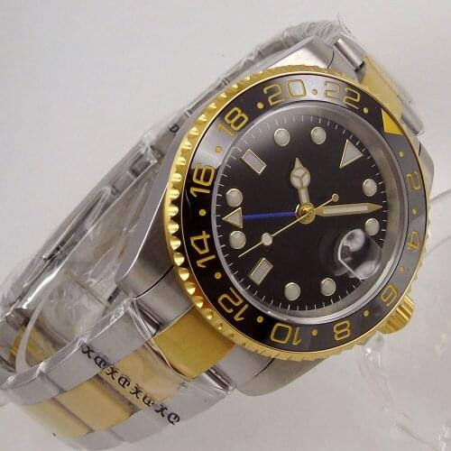 40MM Sterile Dial Sapphire Glass Yellow Gold Plated Ceramic Bezel Date Glass Case Back GMT Automatic Mens Wristwatch
