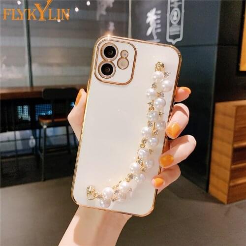 Pearl Bracelet Electroplating Silicone Phone Case on sFor iPhone 12 11 Pro Max XR X XS Max 7 8 Plus SE 2020 Cover With Wristband
