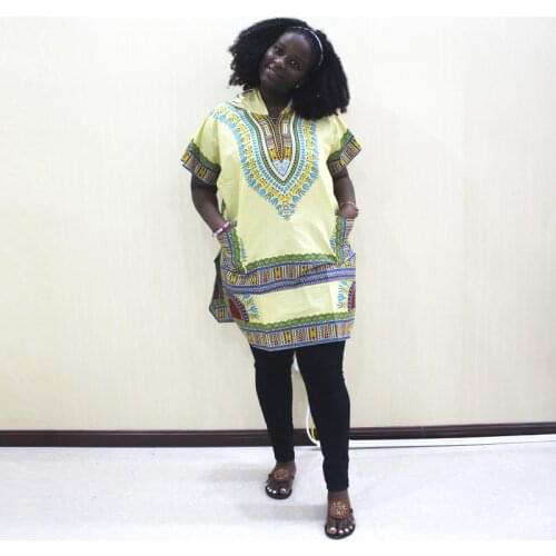 Dashikiage Yellow 100% Cotton African Dashiki Traditional Print Pockets Hooded Tops Shirt