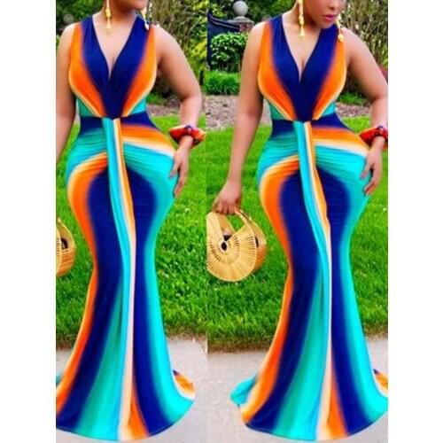 Elegant Sexy Party Long Dress Women Color Block Deep V African Sleeveless Robe Sexy Mermaid Evening Ladies Bodycon Maxi Dresses