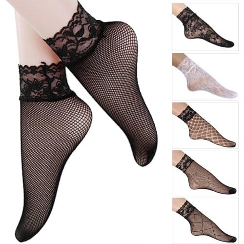 2021 Womens Ladies Autumn Sexy Mesh Silk Socks for Female Ultrathin Transparent Nylon Short Socks with Lace High Elasticity