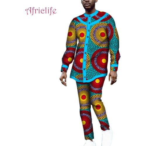 Two Pcs Sets Bazin Riche Pattern Men Clothing Long Sleeve Shirt and Slim Long Pant African Wax Print Cotton Men Dresses WYN1064