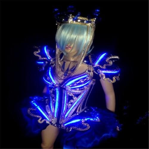 KS001Cosplay Crystal illuminated luminous women stage LED costumes/dress/bra ballroom dance wear DJ disco party bar singer cloth