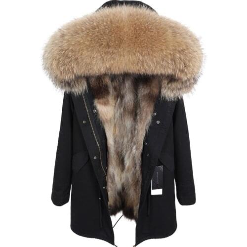 MMK Winter Real Fur Coat New Fashion Natural Raccoon Fur Collar Womens Clothes Detachable Raccoon Fur Lining Thicken Coat Mid-l