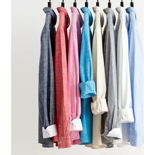 Summer Shirts Thin Breath Solid Casual Tops Shirt Mens Standard-Fit Long-Sleeve Linen Cotton Single Patch Pocket Button Down