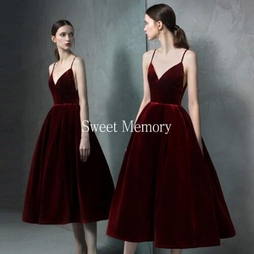 N138 Custom Made 2021 Sweet Memory Tea-Length Wine Red Black Velour Evening Dresses Wedding Party Graduation Vestidos Prom Robes