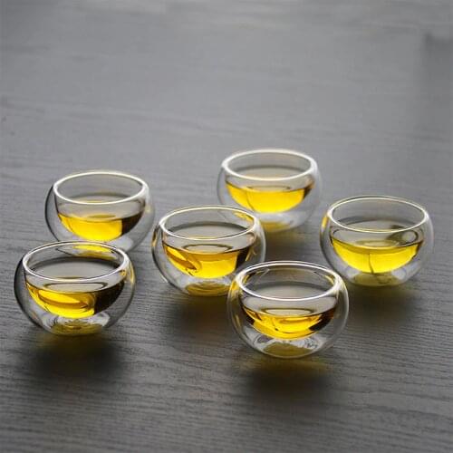 6Pcs Tea Cup Set Double Wall Heat-resistant Glass Cup Kung Fu Tea Set Clear Crystal Glass Teacup Puer Oolong Tea Cup 50Ml