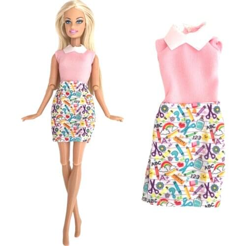 NK 1 Set Doll Clothes Pink Skirt Fashion Collar Outfit for Barbie Doll Accessories Cute Pattern Dress For 1/6 Doll Toys