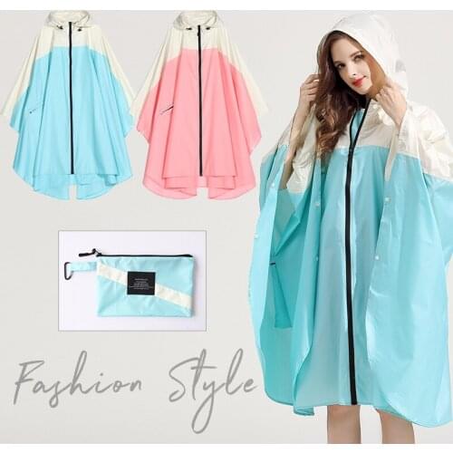 2021 Two Colours stitching Womens Raincoat Poncho Zippered Hooded Waterproof Rain Jacket
