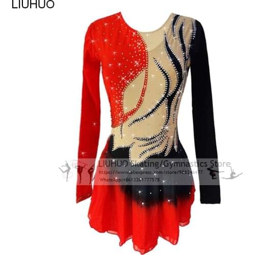 Ice Skating Dress Girls Red Rhinestones Lace Children Kids Competition Dress High Elasticity Figure Skating Costumes for Women