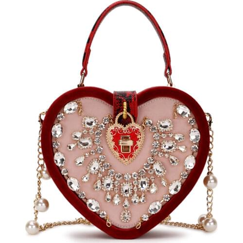 Luxurious Vintage Corduroy Heart Box Style Pearl Chain Womens Bag Shoulder Bag Crossbody Messenger Bag Pouch For Women P