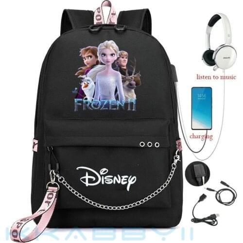 Disney Frozen Leisure USB Chargeable Backpack Female Creative Pattern Soft Girl Student Schoolbag Female