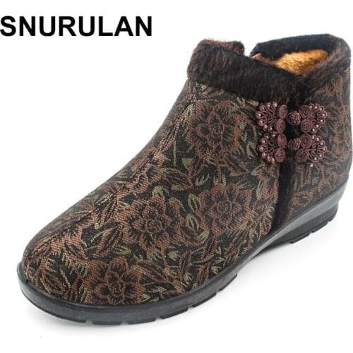 SNURULAN Hot Sales Winter Women Ankle Boots Big Size Flat Cotton Shoe Anti Skid Side Zipper Snow Boots Printed Buckle Warm Shoe