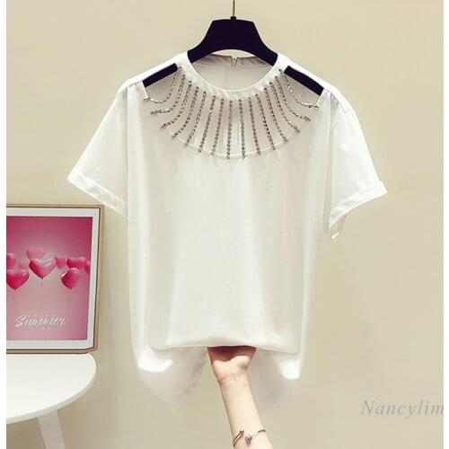 Rhinestone Chain round Neck Short Sleeve T-shirt for Women 2021 Summer New sexy hollow tee Casual All-Matching Tops white