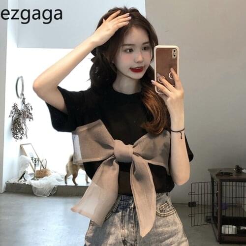 Ezgaga Summer Short Sleeve T Shirts Women Ribbon Bow Korean Fashion 2021 New Chic O-Neck Black Tshirts Loose Ins White Casual