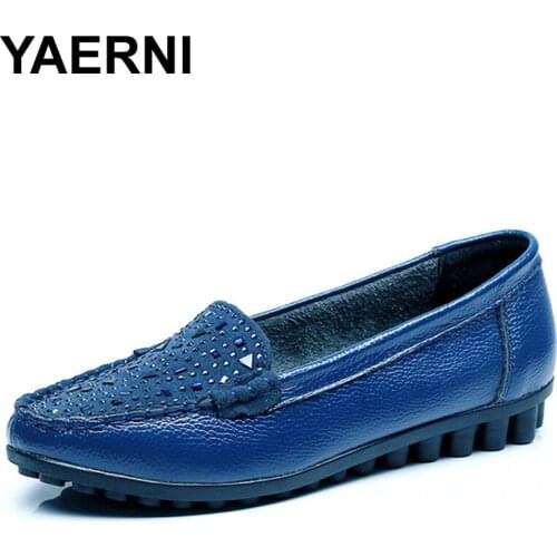 YAERNI Spring/Autumn Flat Genuine Leather Women Loafers Shoes New Crystal Rhinestones Soft-Soled Breathable Slip-On Single Shoes