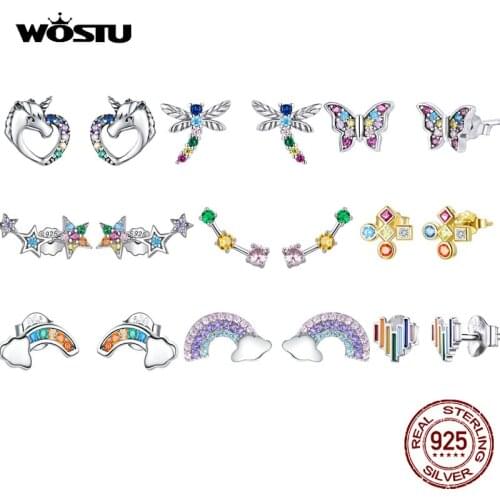 WOSTU 925 Sterling Silver Colorful Stud Earrings Rainbow Unicorn Star Butterfly Earrings For Women Fashion Silver Jewelry Gift