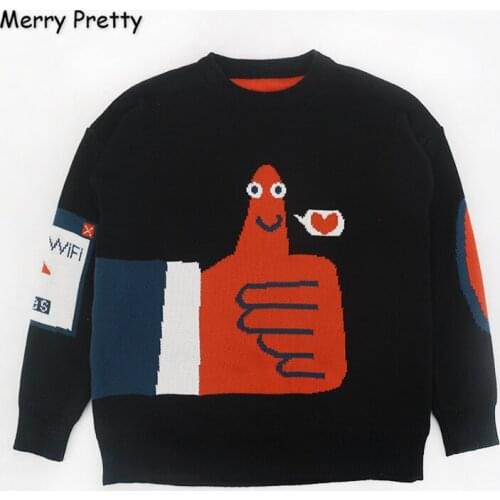 MERRY PRETTY Womens Cartoon Embroidery Knitted Sweaters And Pullovers Winter Thick Girls Knit Jumpe Harajuku Sweater Jacquard