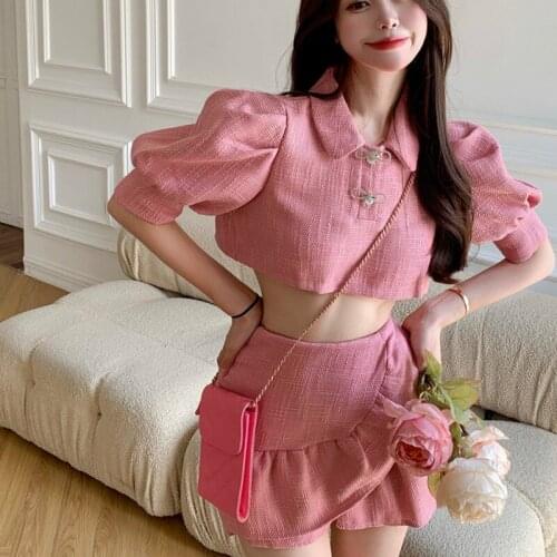 2021 Summer Women Dress Suit Fashion Lantern Sleeve Turn-down Collar Solid Short Blouse Shirt+High Waist Irregular Ruffles Skirt