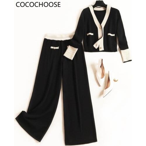 Women knitted two piece set spring 2021 designer color block V-neck cardigans tops and casual wide leg pants suits black