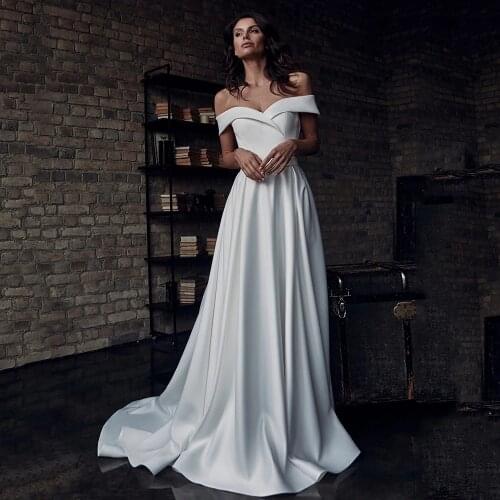 Fivsole Simple A Line Satin Wedding Dress Off Shoulder Sweetheart Bridal Gowns Bows Belt Split Vestido De Noche Robe De Mariée