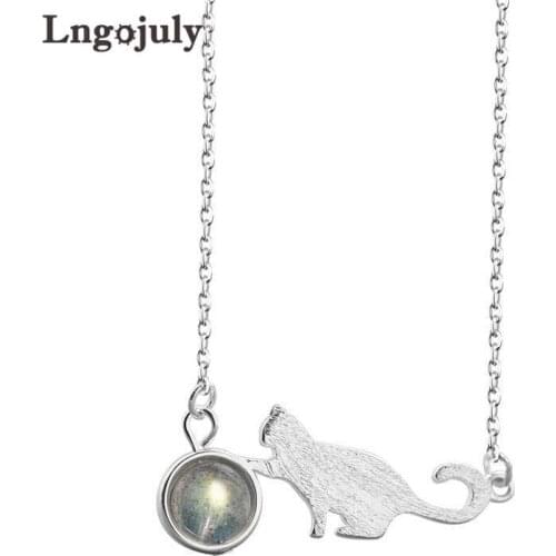 Pure 925 Sterling Silver Moonstone Necklace Fine Jewelry Cat Pendant Necklaces For Women Party Solid Silver 925 Jewelry Gifts