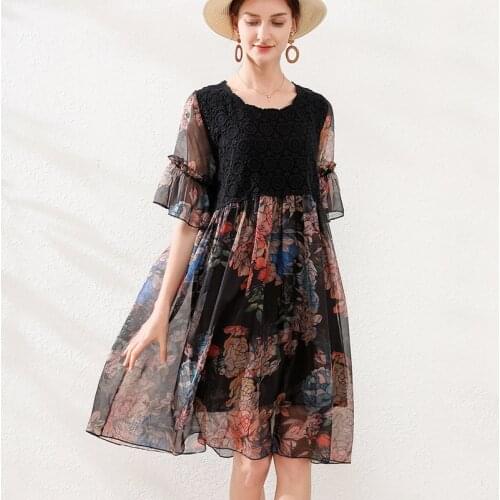 2020 Summer chiffon dress loose flare cute floral dress flare sleeves lace patchwork empire vacation beach dress plus size 4XL