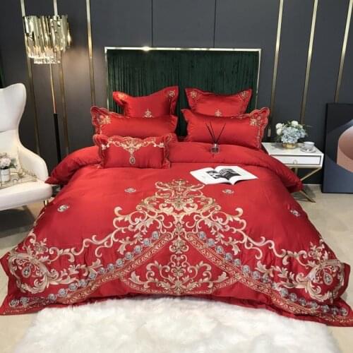 Gold Embroidery Wedding Bedding Sets Cotton Satin Solid Color Princess Duvet Cover Fitted Bed Sheet Pillowcase Red Bed Sets