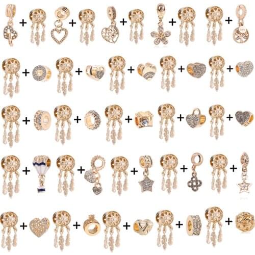 2Pcs/Lot Hot Sale Gold Color Dreamcatcher Charms Beads Fits Brand Bracelets Romantic Jewelry Gift For Women Making