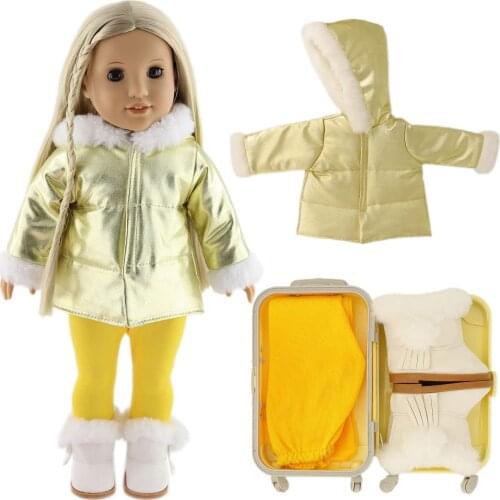 2021 American Doll Yellow Suitcase Travel Carrier Storage,Down Jacket ,Leggings and Boots Winter Clothes for Girl 18 Inch Doll