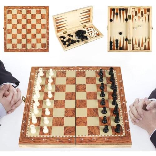3 in 1 Wooden International Chess Checkers Set Portable Foldable Board Game Funny Chessmen Collection Tactical Strategy Games