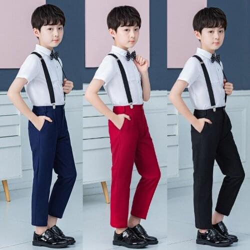 Spring Summer Children Formal Party Clothing Set Boys Prince Shirts Pants Strap Tie 4PCS Outfit Kids Wedding Host Piano Costume