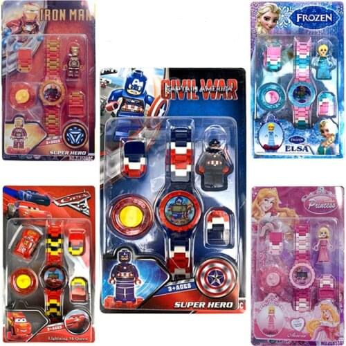 Anime Avengers Building Blocks Toys Watch PVC Characters Frozen Princess Hulk Spider Man Toy Watches For Kids Boys Girls Birthda